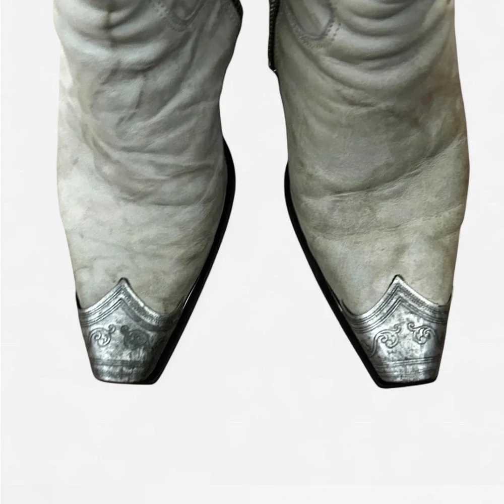 Free People ash white. Silver metal tip toe booties. 2 1/4 heel. Side zipper. - Picture 3 of 8